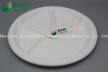 Fully Biodegradable Dividing 4 Compartment Compostable Sugarcane Plant Fiber Bakery Takeaway Food Package Round Plate for Dessert Cake